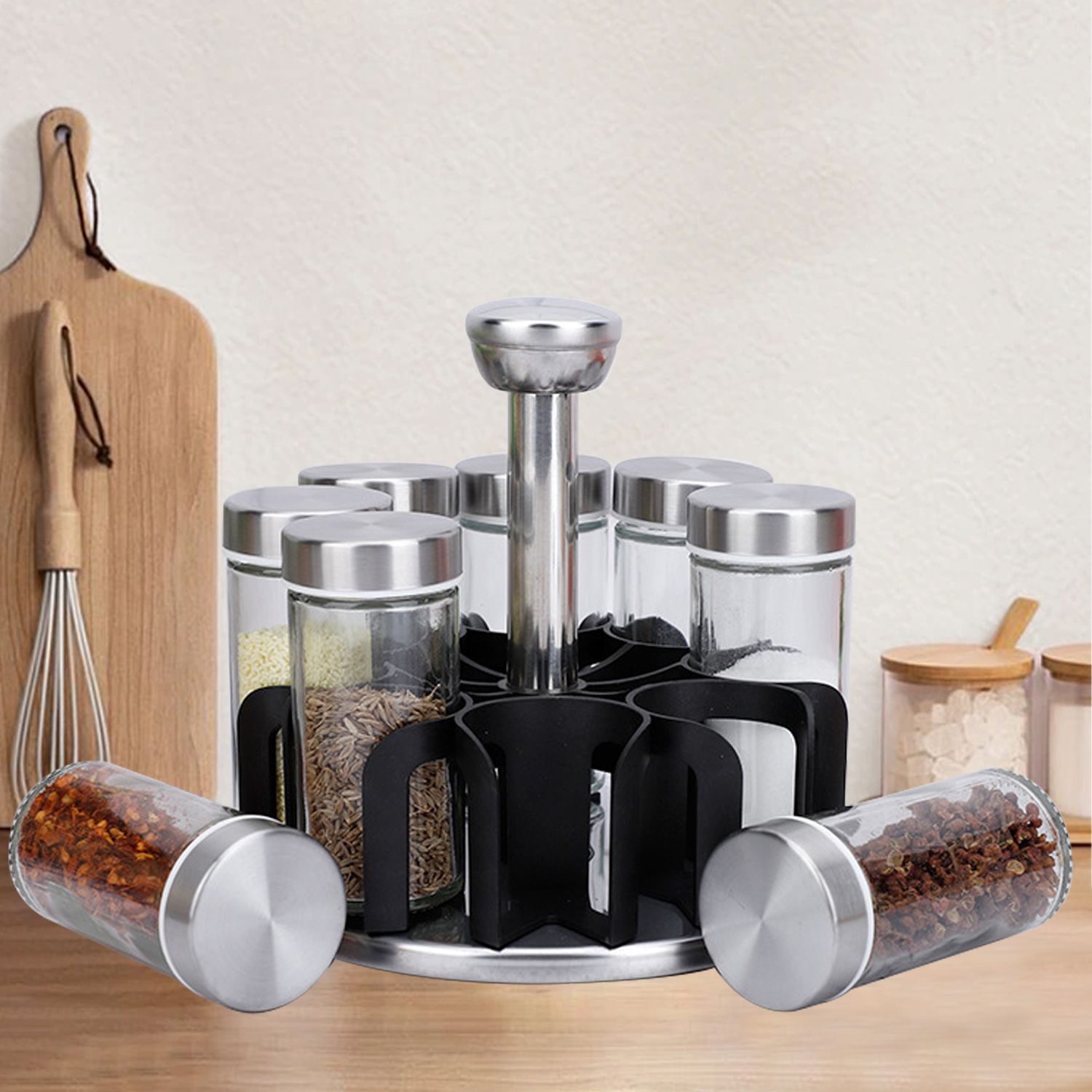 Spice Jar Set Rack Glass Organizer Rotating Glass Seasoning Sugar