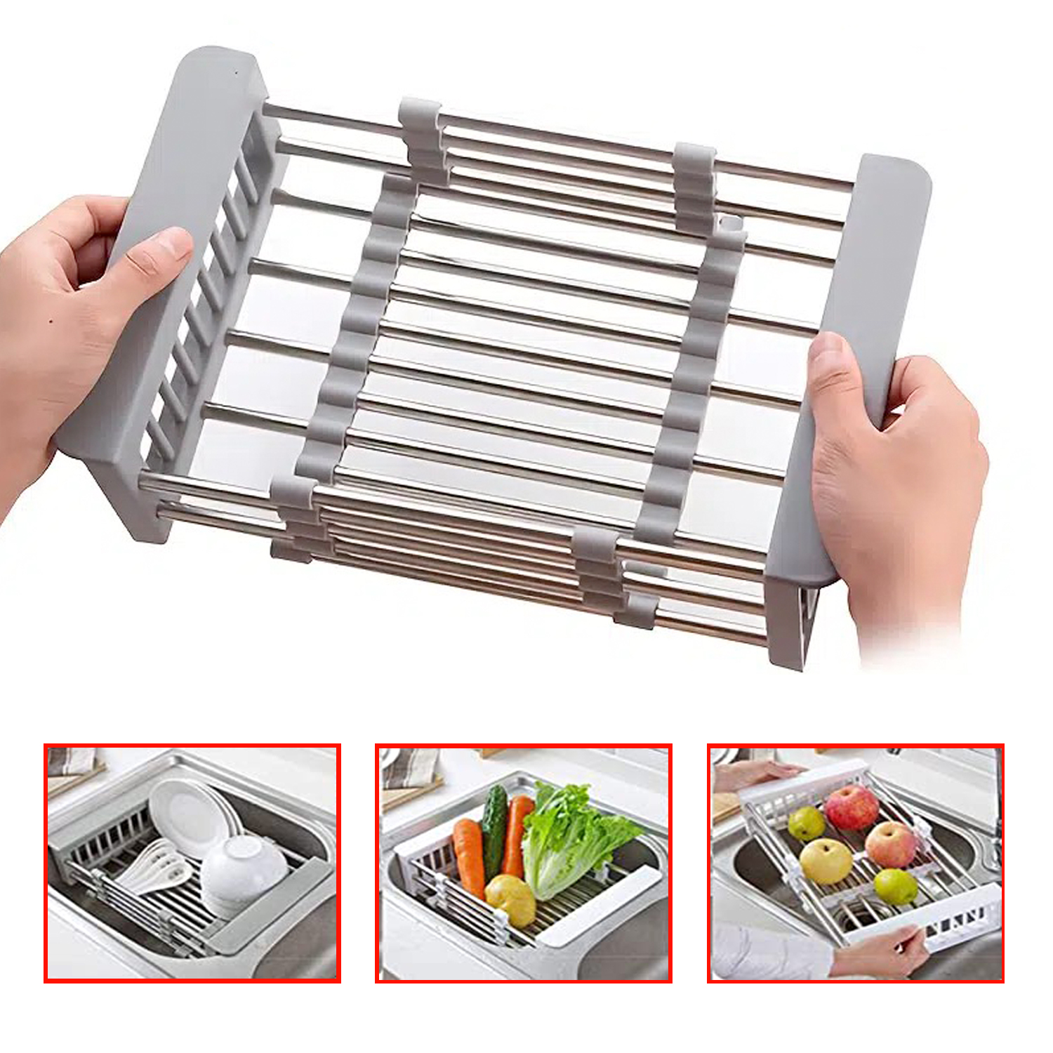 Telescopic Drain Basket with Adjustable Armrest Kitchen Rack Drain Basket Over The Sink Dish