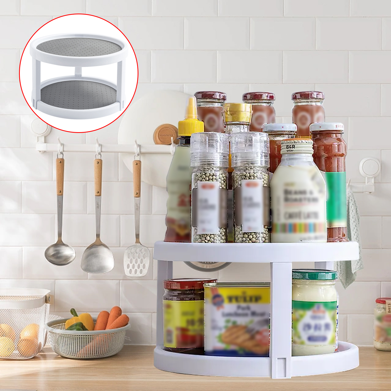 Double Layer Storage Rack Kitchen Storage Organizer Rotating Round