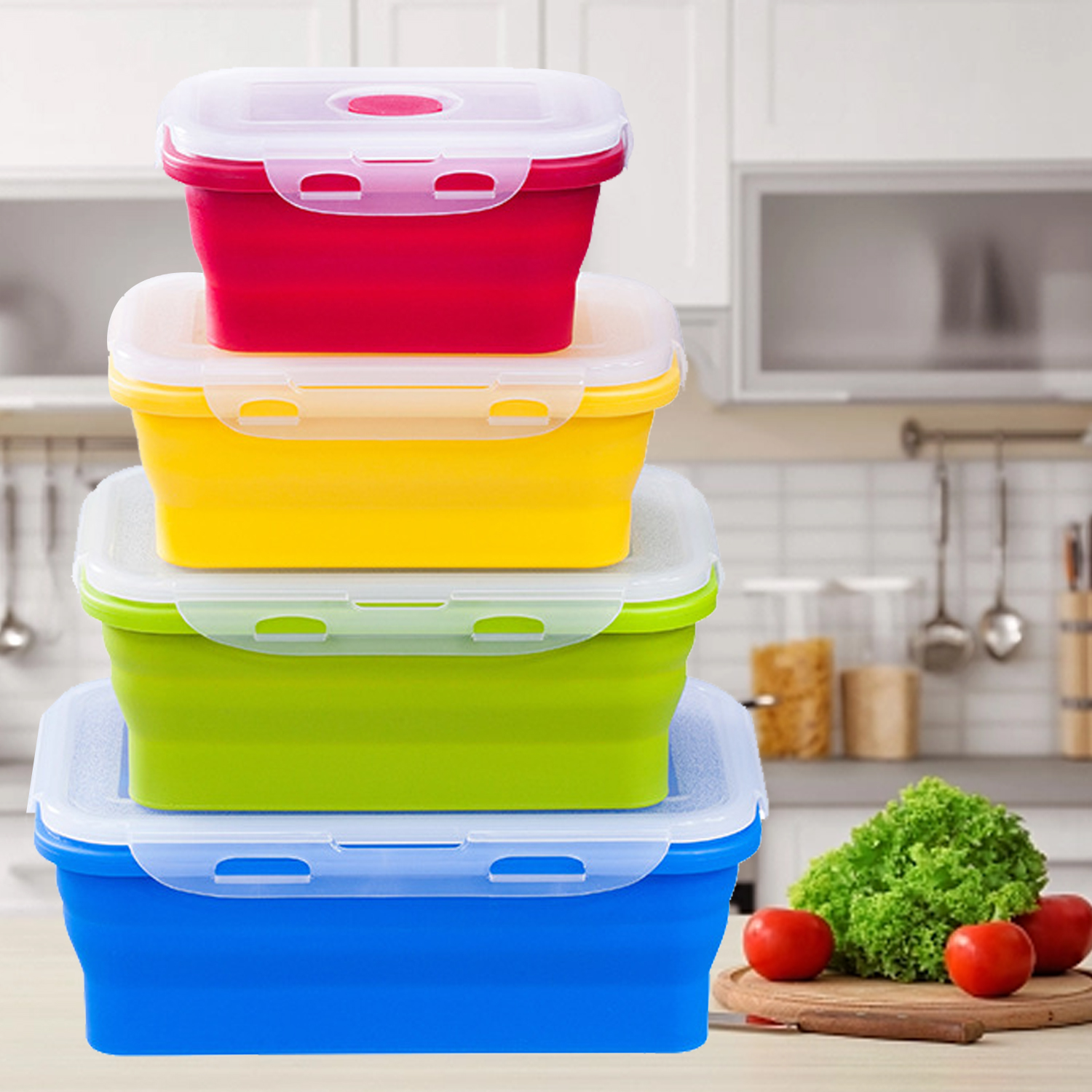 Silicone Folding Lunch Box with Lid 350ML/500ML/800ML/1200ML 4-piece